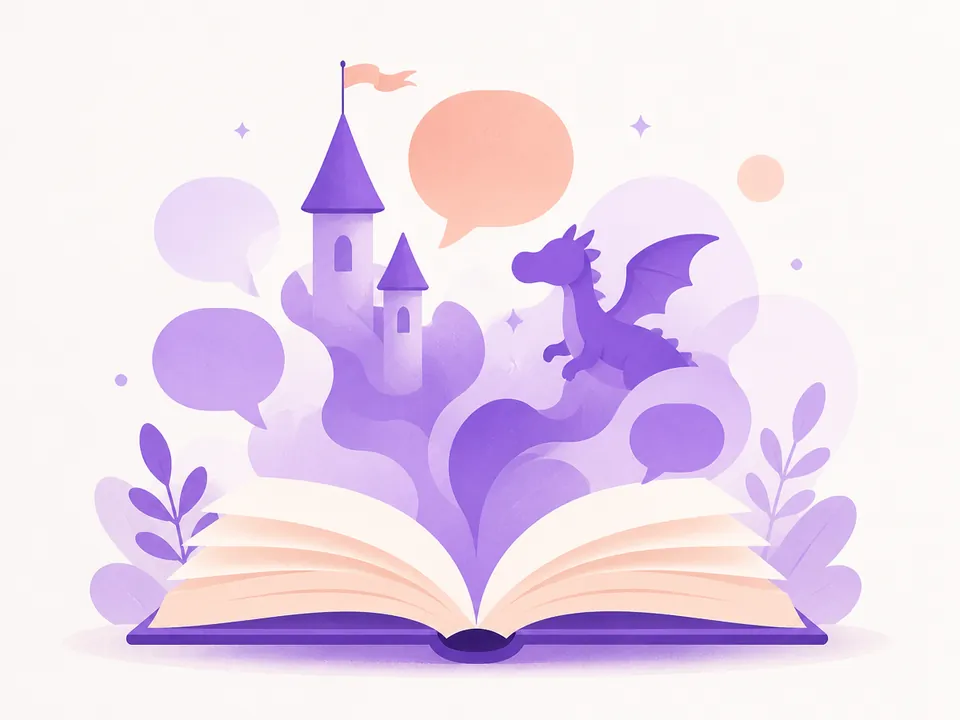 Illustratie van roleplay-chat met AI: een open boek met fantasiefiguren